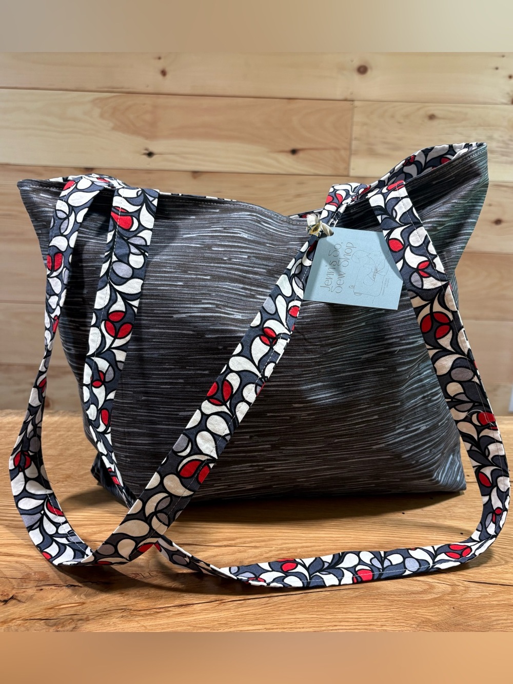 Gray cotton Tote Bag with Patterned Straps